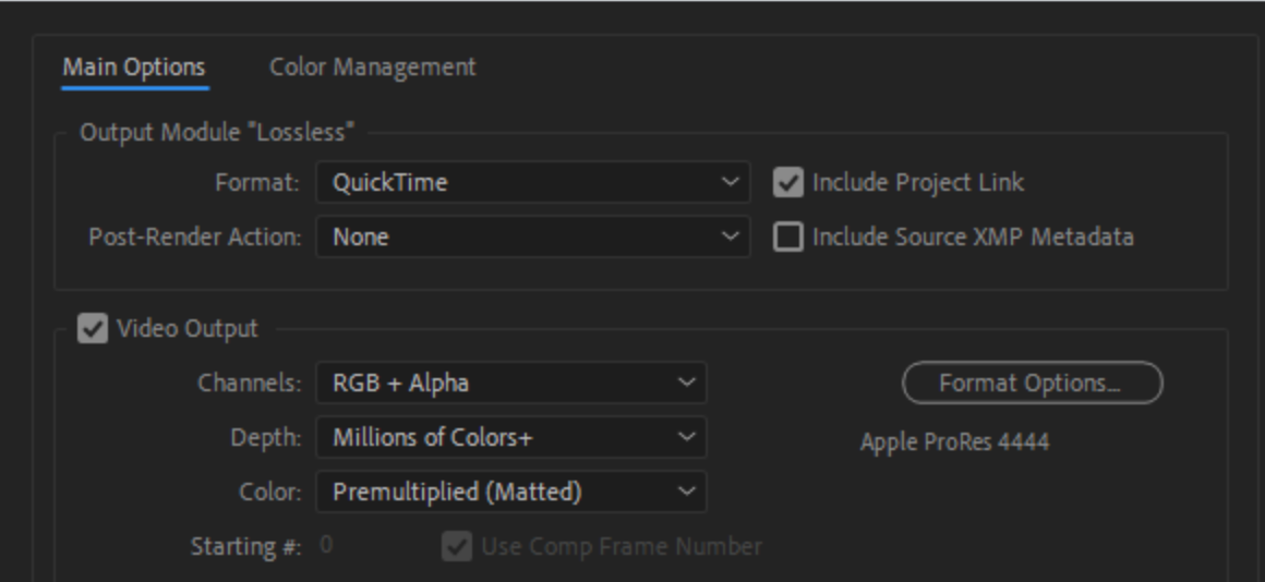 After Effects 导出设置：Apple ProRes 4444